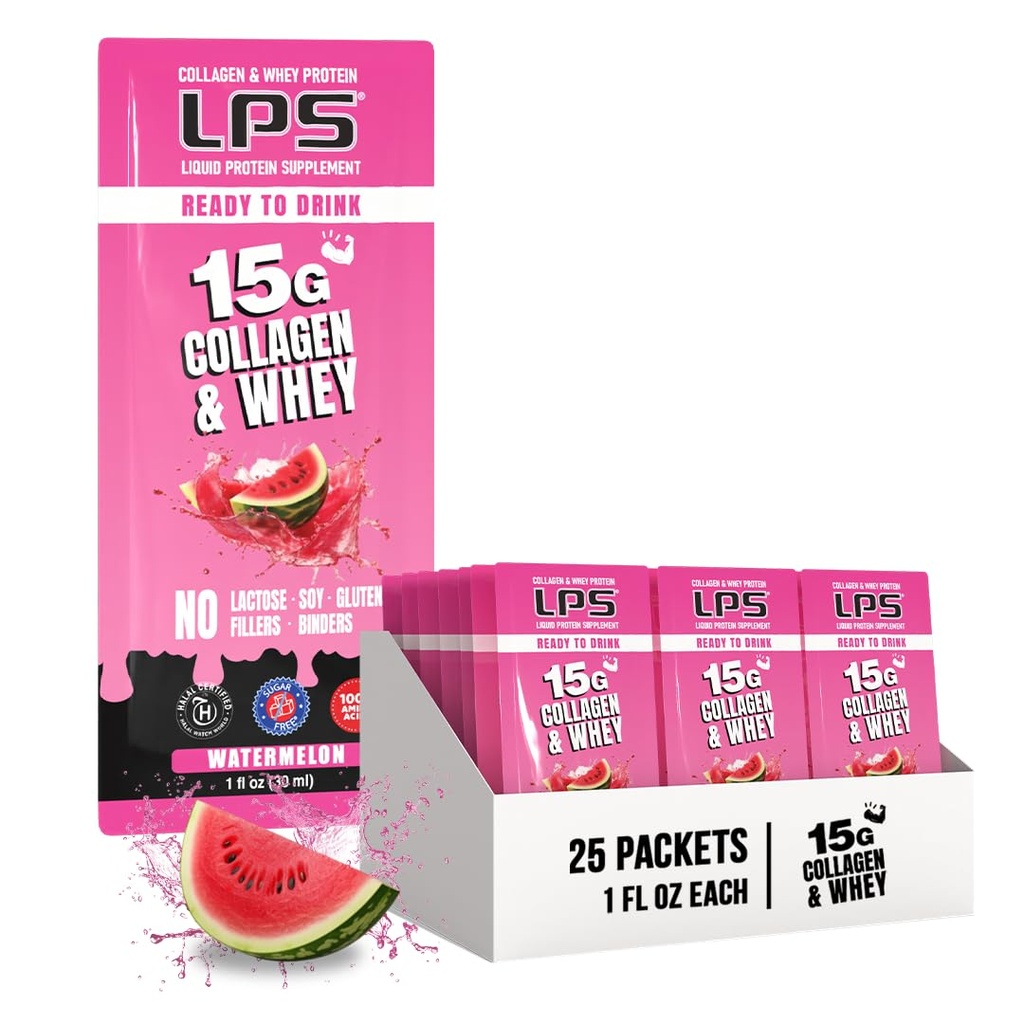 Nutritional Designs LPS Liquid Collagen & Serwatka suplement protein - Napoje niezawierające GMO, Bezcukrowe - Promotes Healthy Skin & Hair for Men & Women, Arbuz, Single Serve (25 Pakiety)