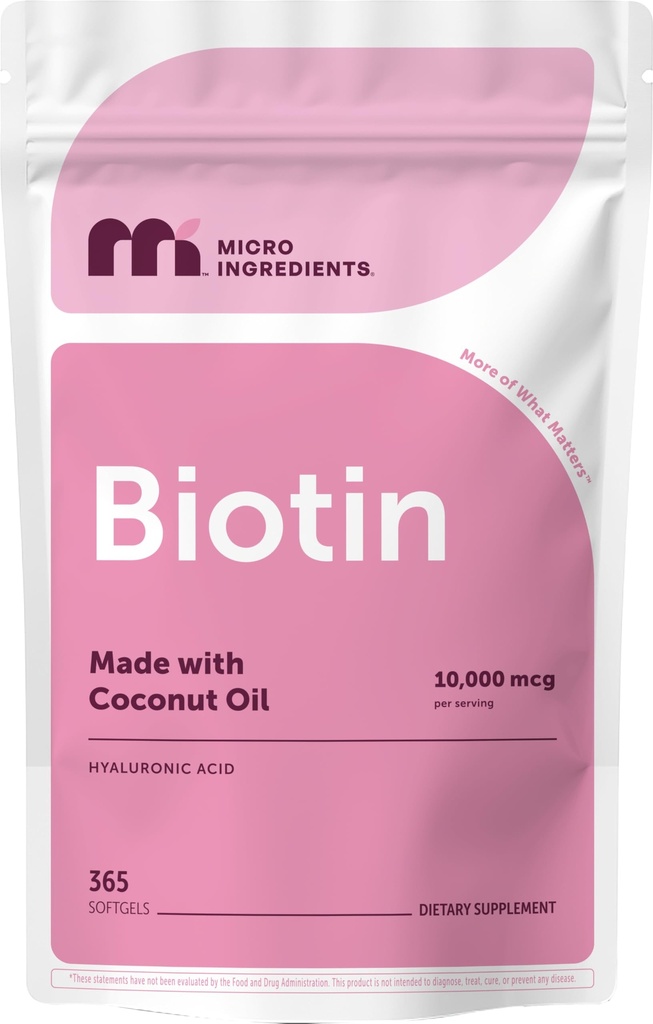 Micro Ingredients Biotin 10,000 µg z kwasem hialuronowym 25 mg na serwowanie 124; Wykonane z oleju kokosowego 124; 365 Softgels 124; 1 na dzień 124; Dostawa jednego roku 124; Non-GMO & Gluten Free
