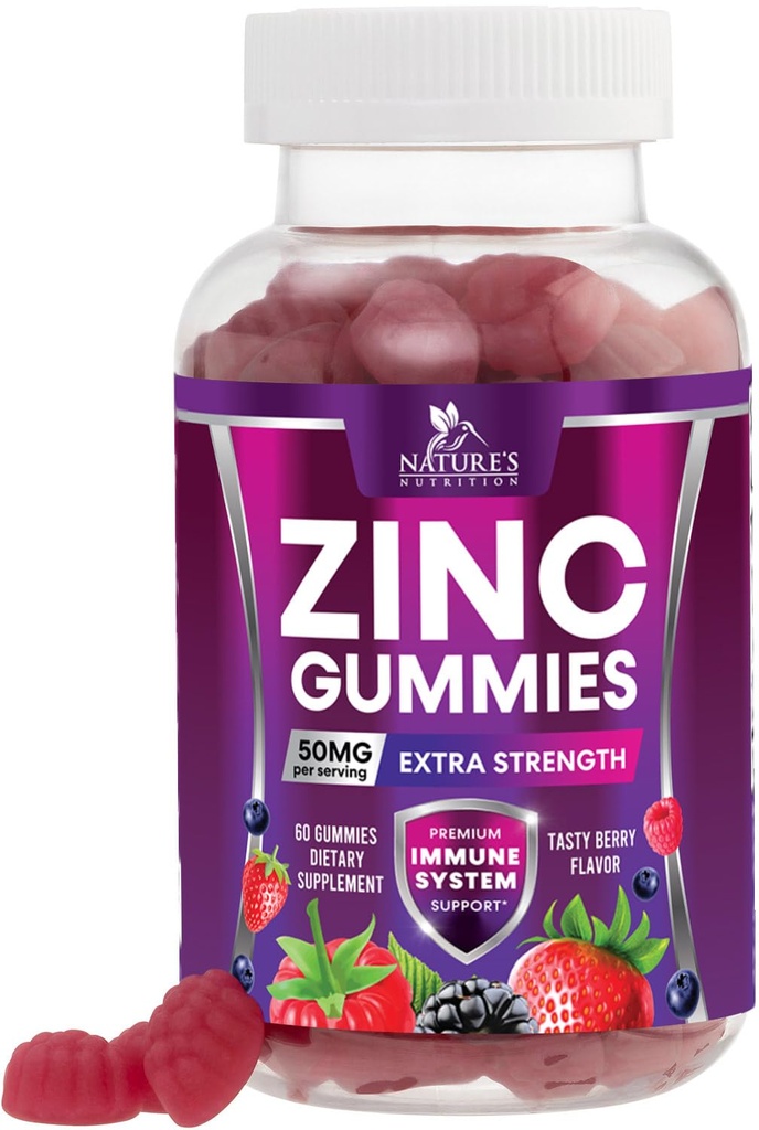 Gummy cynkowe 50mg - Skóra kości i wsparcie immunologiczne Zdrowie Gummy & Premium Przeciwutleniacze do żucia dla dorosłych - Wysoka absorpcja wegan, Gluten Free Cynk Suplementy witaminy - Smaczne Berry Flavor - 60 Gummies