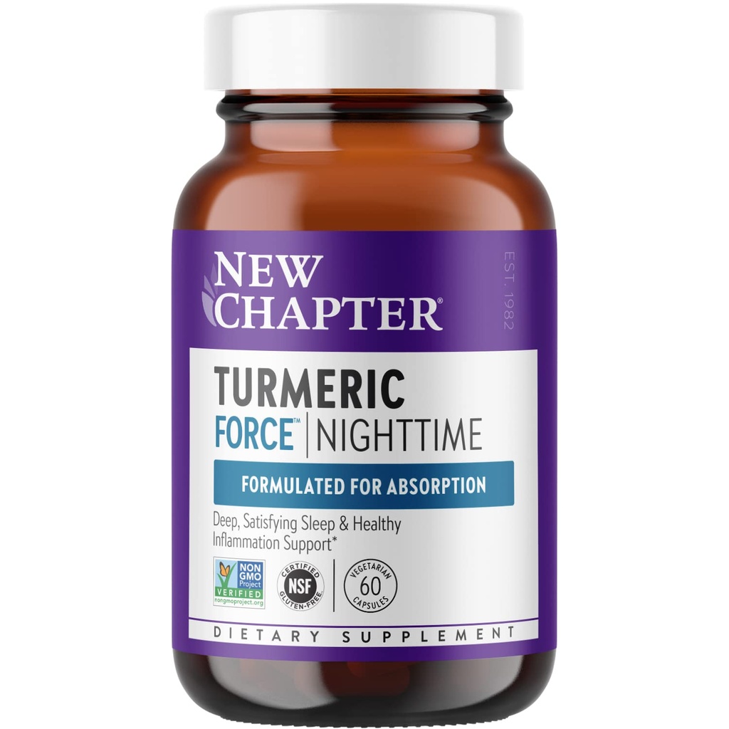Nowy rozdział Suplement turmerowy + Pomoc na sen - Turmeric Force Nighttime for Sleep Support with Valerian Root + Ginger + NO Black Pepper Needed + Non-GMO Ingredients - 60 kapsułki wegetariańskie