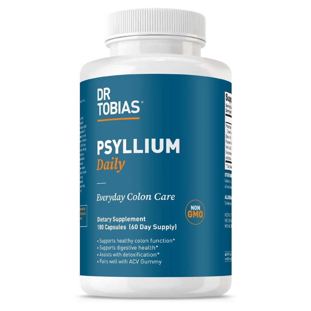 Dr Tobias Psyllium Daily, Wspomaga zdrowy ruch jelit, Pyllium Husk Kapsułki z Bentonite Clay, Nasienie lniane i naturalne Składniki, Daily Fiber Supplement in Support of Colon Health, 180 Kapsułki