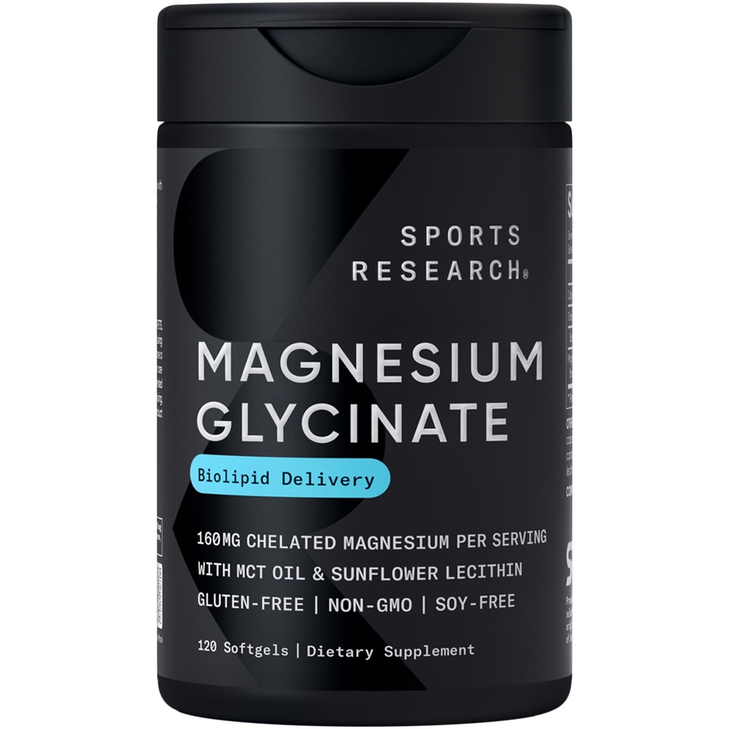 Sports Research ® Magnezu Glycinate - Zastosowania Resteful Sleep & Enzymatic Processes - 160 mg Chelated Magnez - Płynny Softgel - 120 Count