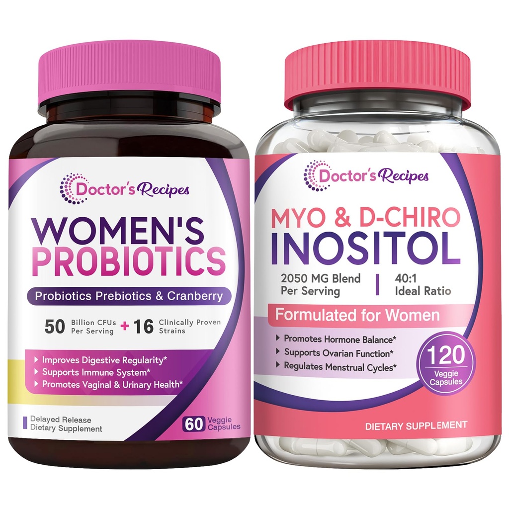 Doctor 's Recipes Women' s Probiotics and Inositol Bundle - Gut, Vaginal, Urnary & Reproductive Health for Women