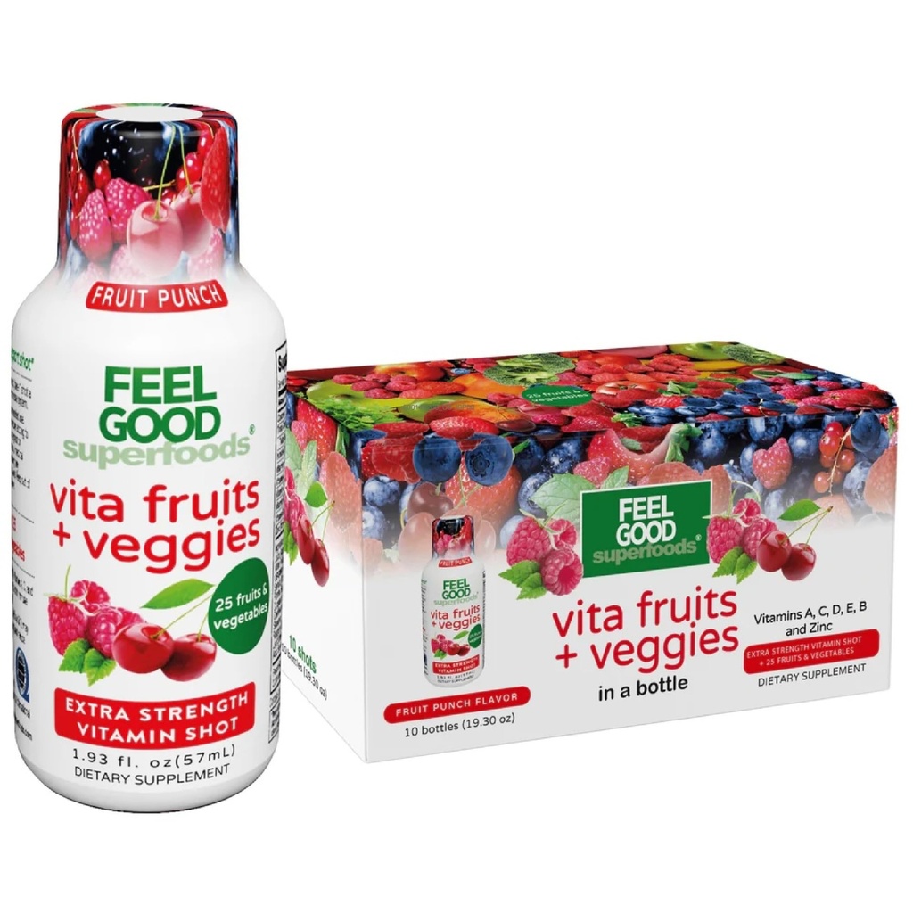 FeelGood Superfoods Vita Owoce i warzywa immunologiczne wsparcia suplementy, Flavor owoców Punch, Opakowanie 10 zastrzyków odporności, Immune System Booster Drink Made with 25 Organic owoców i warzyw