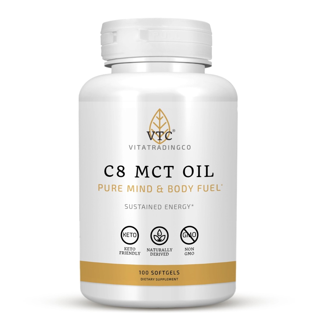 VTC VitaTradingCo. C8 MCT Oil Capsules 124; Naturally Derived Capryl C8 Supplement Equipment 124; Coconut Oil Pills Equipment 124; Trwała energia 124; Keto Friendly, Non GMO Equipment 124; 100 Softgels