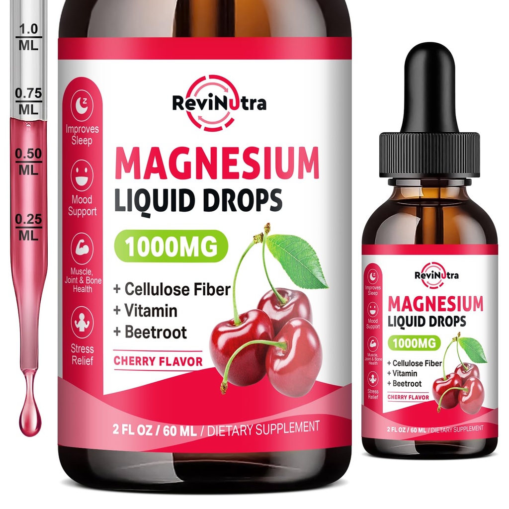 Płynne krople glicynianu magnezu, 1000mg glicynian magnezu, cytrynian i taurat z włóknem włóknistym, buraka buraczanego, witamina B & C do uśpienia, spokój, mięśnie, energia i relaks, 2 Fl Oz, bezcukrowy aromat wiśniowy
