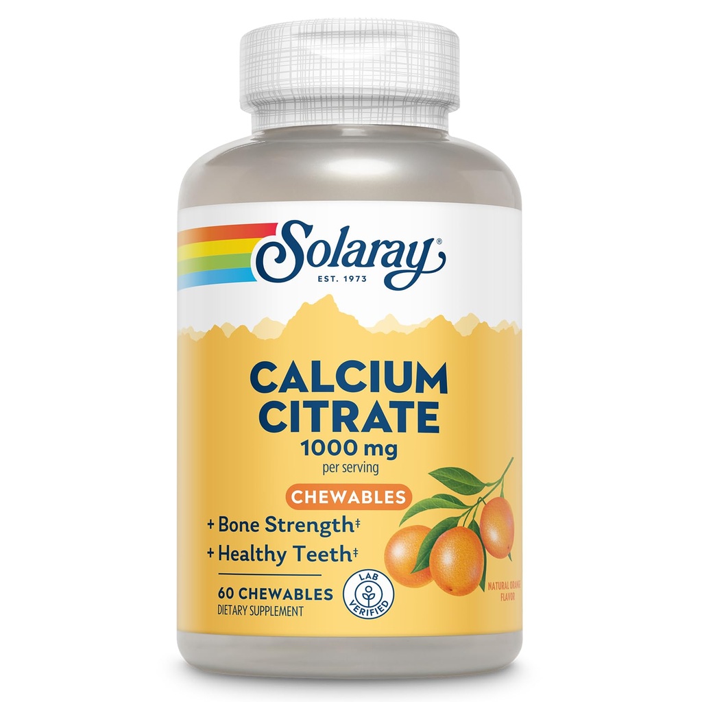 Solaray Wapnia Citrate 1000 mg, Natural Orange Flavor Chelated suplement wapnia dla kości Siła, Zęby, Nerwy, Mięśnie i Wspomaganie funkcji serca, 60- Day Guarantee, 15 Służenia, 60 Chewables