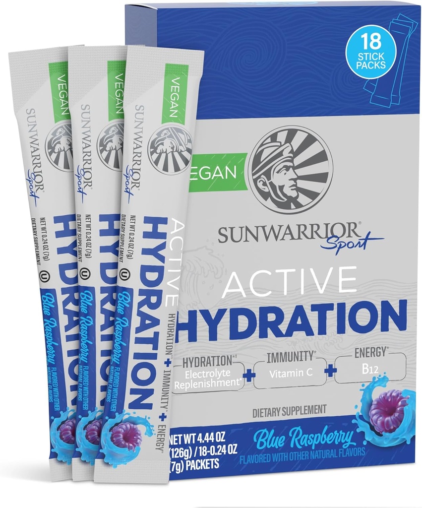 Sunwarrior Hydration Powder Electrolyte Pakiety proszkowe B12 Elderberry Bis124; Blue Malina Flavored 18 Stick Packs 126g Pouch Biscard 124; Wegan i Plant- Based Sugar Free