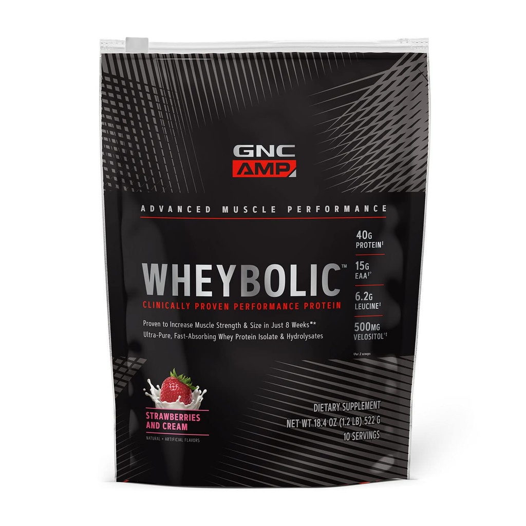 GNC AMP Wheybolic Clinically Proven Protein Powder, 40g białka serwatki, BCAA, Leucyna, Zwiększa siłę mięśni, Muscle Building, 3. Party Tested, Gluten Free, Truskawki i śmietanka, 10 Służenia