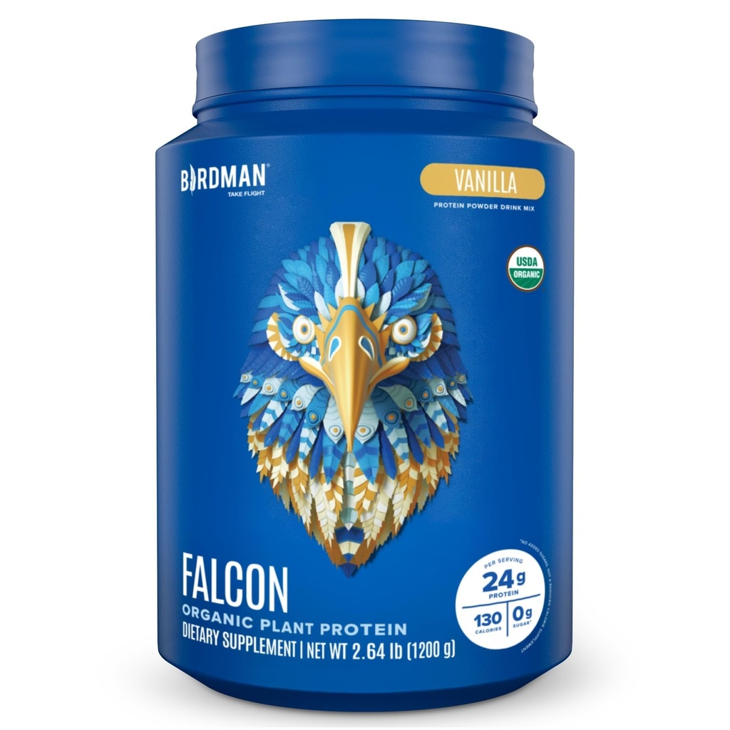 BIRDMAN Falcon Vegan Protein Powder Organic, Stevia & Sugar Free, Białko oparte na roślinach, niskie węglowodory, Wolne od mleka, Keto, Białko nieserwatki, Probiotyk, Białko pei 124; Smak wanilii - 37 Służenie - 2.64lb
