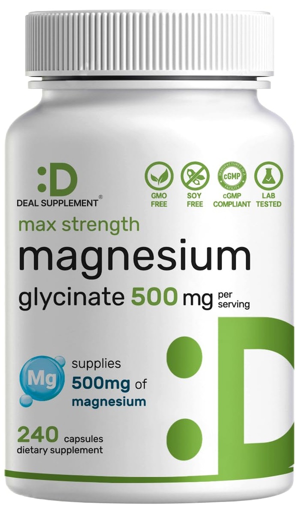 Max Siła Magnezu Glicynian 500mg Na Podawanie, 240 Kapsułki 124; 100% Chelated dla łatwej absorpcji 124; Zasadniczy suplement mineralny dla mięśni, snu, i zdrowia serca