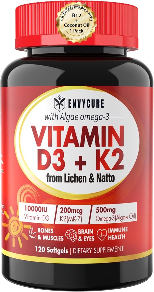 Witamina D3 K2 Suplement Softgel - Vit D3 10000 Iu + Witamina K2 Mk7 200 Mcg, Algae Omega-3, Magnez, Witamina B12 Dla kości i mięśni, Wsparcie immunologiczne, Max Wchłanianie, Łatwe do połknięcia 1 opakowanie