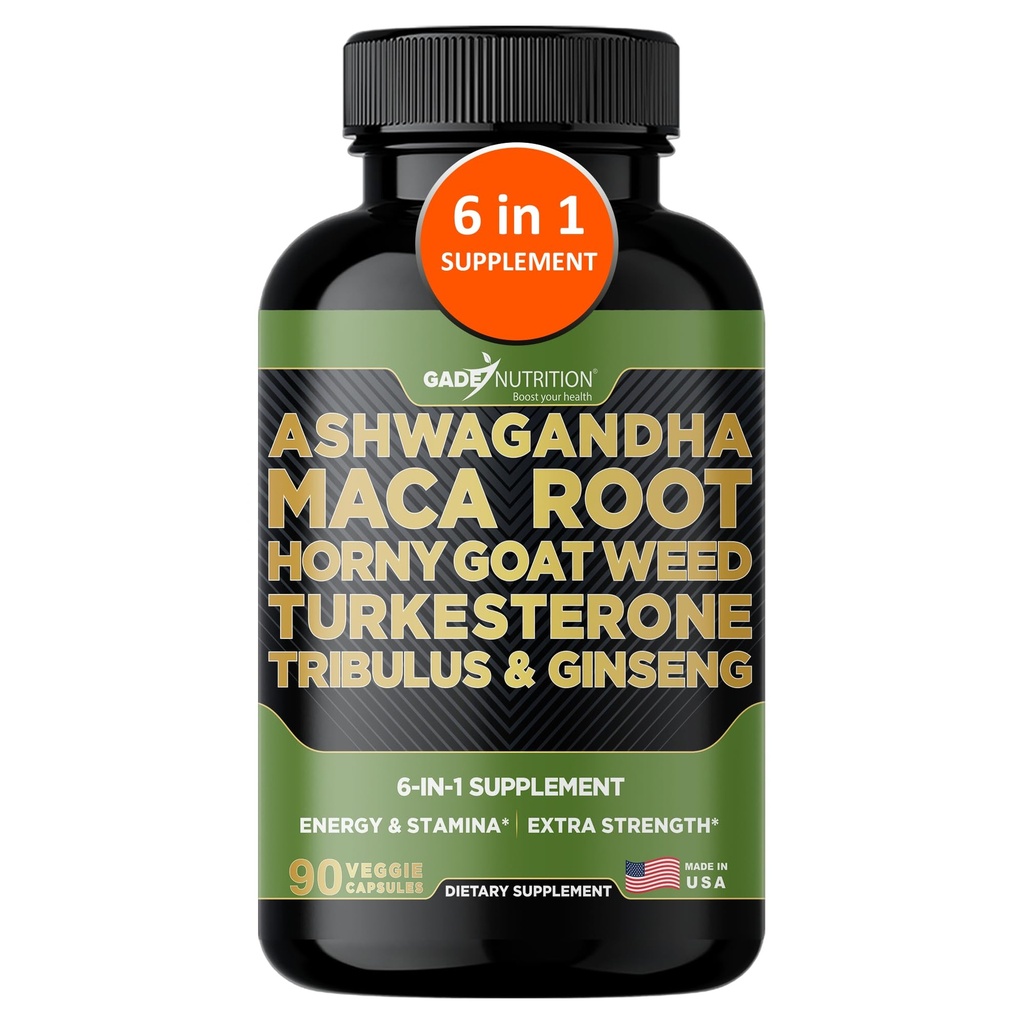 Gade Nutrition Ashwagandha z Maca Root, Horny Goat Weed, Turkesterone Supplement, Tribulus Terrestris, Panax Ginseng British 124; 90 Kapsułki warzyw dla energii, Stamina, Performance.