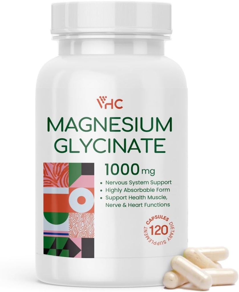 VHC Magnezu Glycinate 1000mg, Wysokie Wchłanianie Maksimum Chelatowany Czysty Magnezu Glycinate suplement dla kobiet i mężczyzn, Non-GMO No gluten, 120 Veggie Czapki, Made in USA