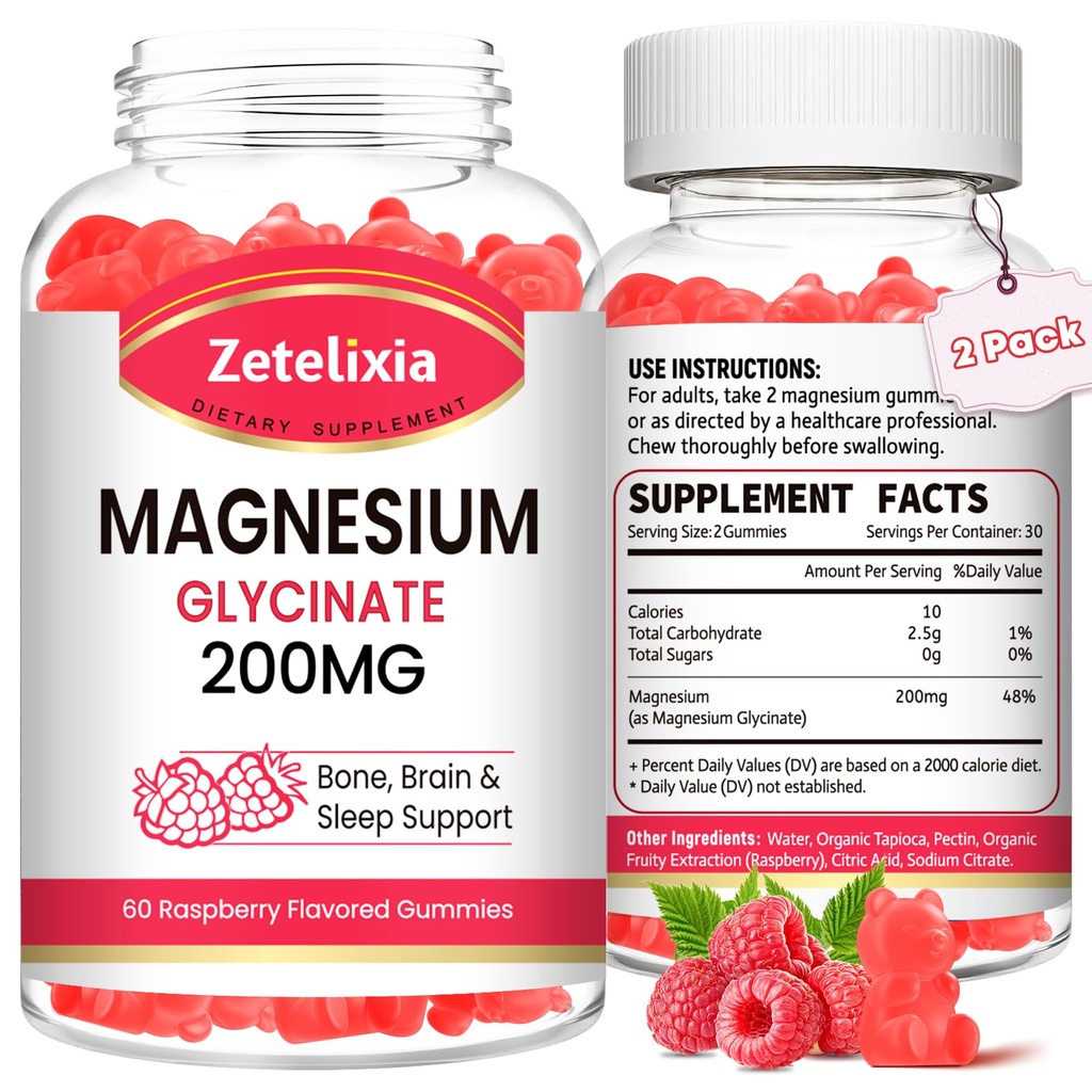 Glucynian magnezu Gummie, Wysoka absorpcja Magnezu Glicynian Suplementy do relaksacji, Magnezu żucia dla dorosłych i dzieci, Malina Flavor 120
