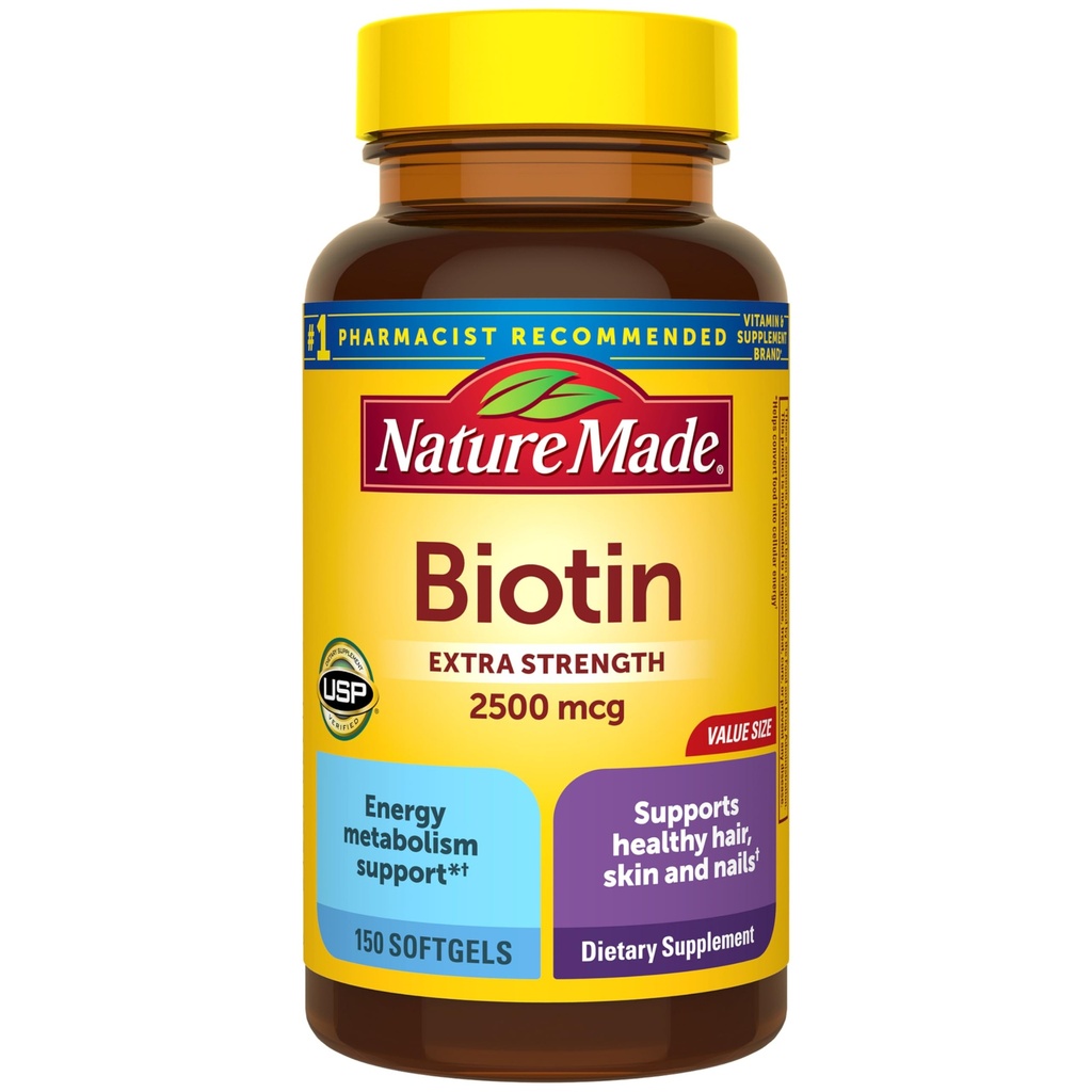 Nature Made Biotin 2500 µg Dodatkowa siła, Suplementy Biotin Wsparcie zdrowej skóry włosów i paznokci, 150 Softgels, 150 Day Supply