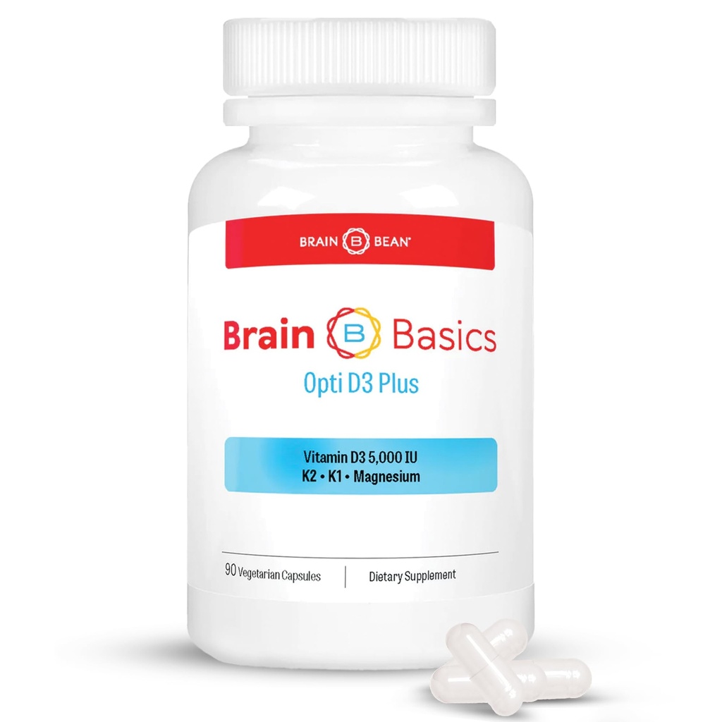 Brain Basic Opti D3 Plus - Witamina D3 5000 j.m. z K1, K2 i Magnezu - Suplement Wspomagania Mózgu dla nastroju, umysłu, pamięci - kości, mięśni i zdrowia immunologicznego - Gluten Free, Soy Free i Dairy Free