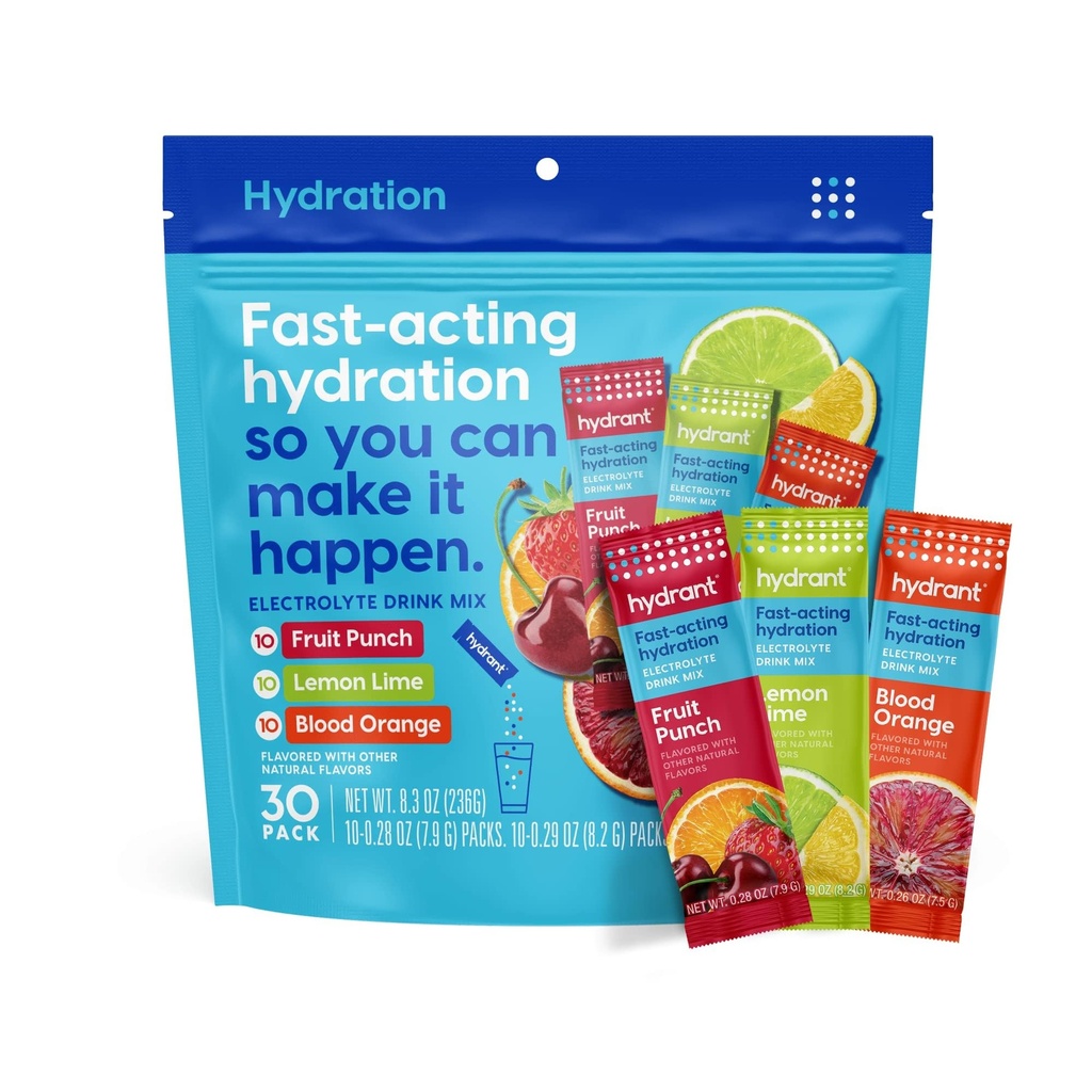 Hydrant - Hydration Powder Variety Pack, 30 Indywidualne błyskawiczne pakiety do nawilżenia elektrolitów - Mix niskocukrowy do codziennego użytku, Podróże i treningi