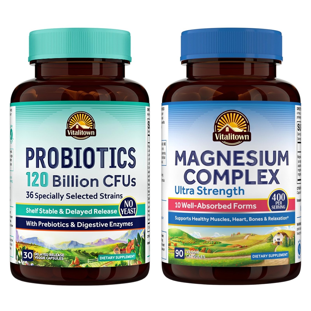 Vitalitown Probiotic + Magnezu Bundle (Opakowanie 2) 124; Probiotyka 120 Billion (Pozycja 1) & 6- in-1 Kompleks magnezu (Pozycja 2) 124; Gut, Kości, Mięśnie, Sen Zdrowie 124; Wegan 124; 30 Kapsułki & 120 Kapsułki