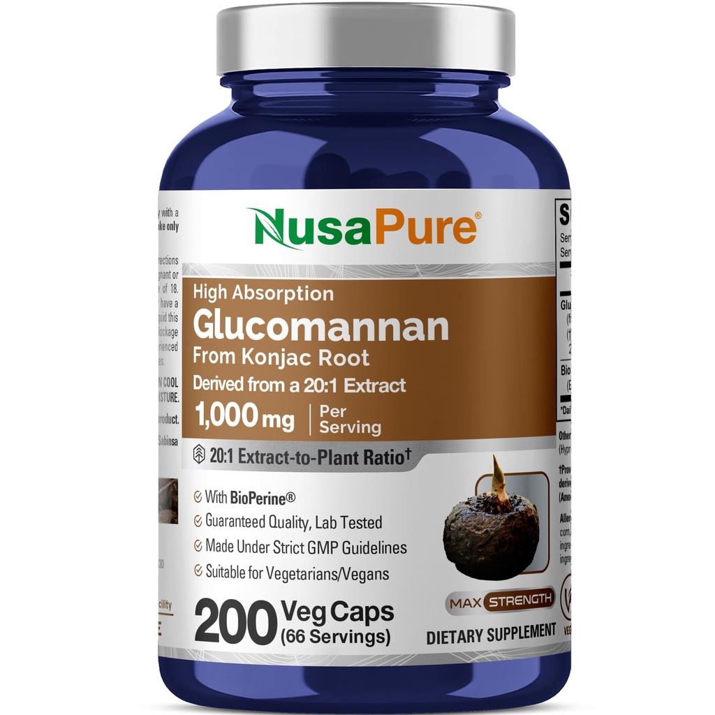 NusaPure Glukomannan 1000 mg na serwowanie 200 Czapek Veg (BioPerine, Non-GMO, Vegan) Konjac Root