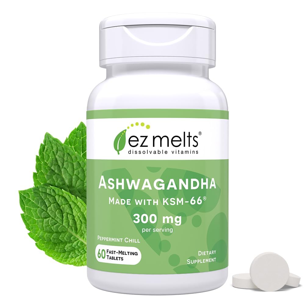 EZ Stopy rozpuszczalne KSM- 66 Ashwagandha, 300 mg, Supplement Supplement bez cukru, Stres, Sen i nastrojów, 30- Day Supply, Peppermint Chill- Flavor - 1 opakowanie