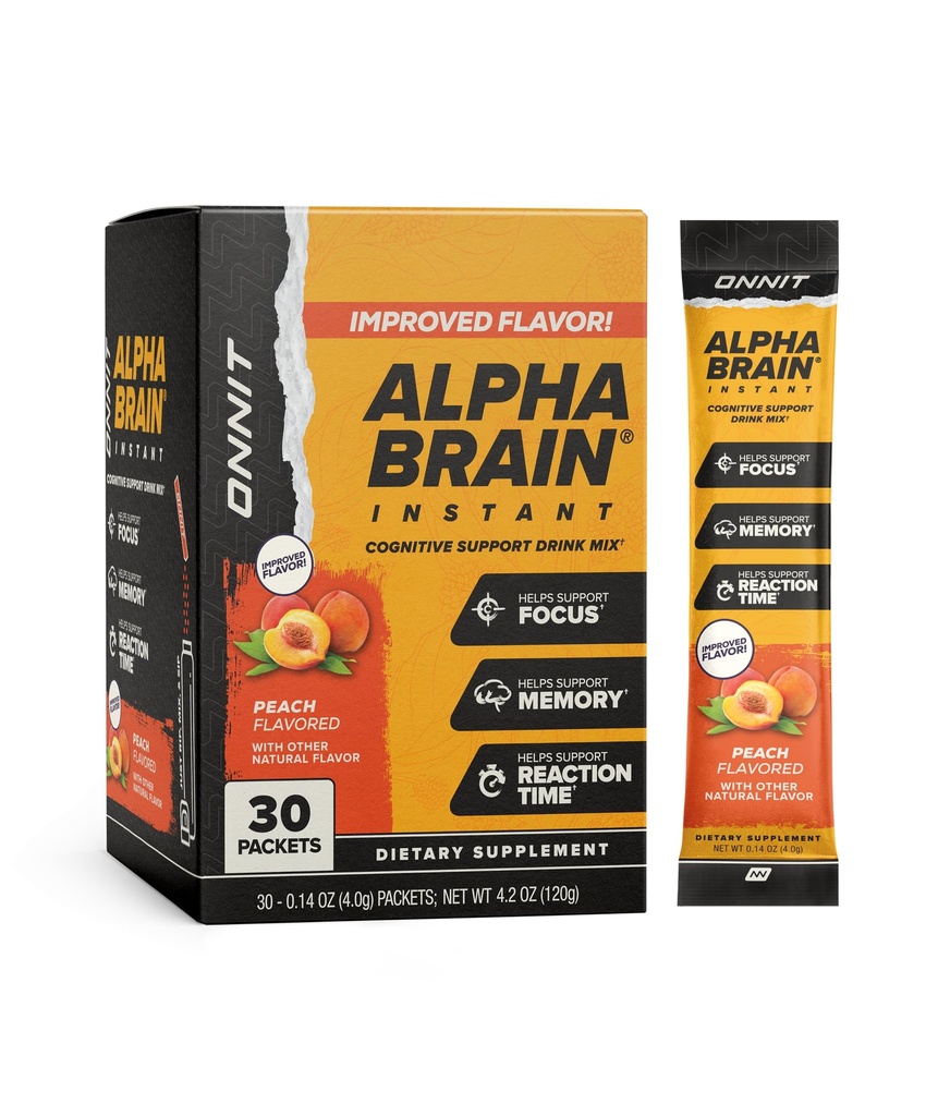 ONNIT Alpha Brain Instant Peach Flavor - Nootropowe uzupełnienie pamięci booster mózgu - for Focus, Energy & Clarity - Alpha GPC Choline, Cats Claw, L- Theanine, Bacopa - 30ct