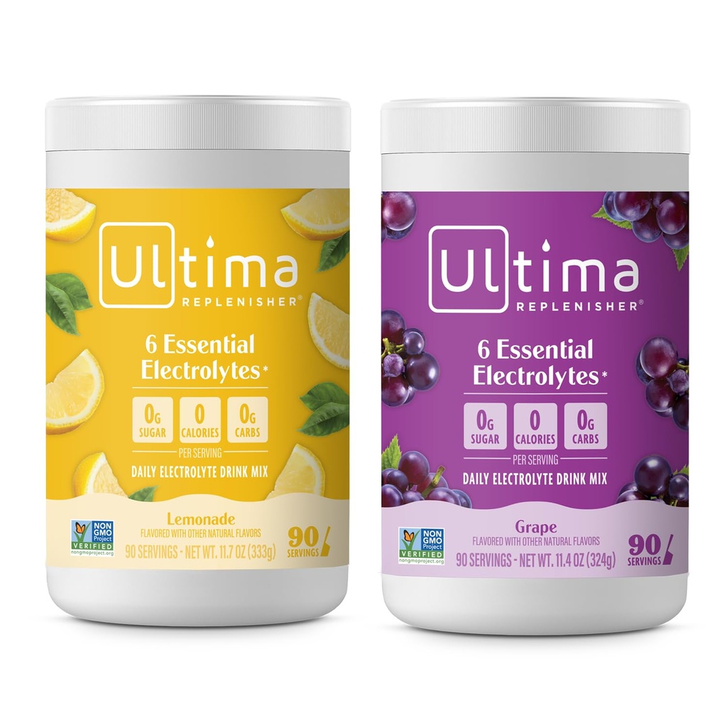 Ultima Replenisher Electrolyte Powder Drink Bundle - Cukier wolny - Lemoniada i winogrona, 90 Słupki - Proszek nawadniający - 6 Kluczowe elektrolity i minerały śladowe - Keto Friendly, Nie-GMO