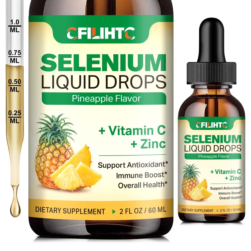 Selenium płynne krople, 200mcg płynny suplement selenu z witaminą C i cynku, Wsparcie dla układu immunologicznego, Przeciwutleniacz i Heart Health, Wysoka absorpcja, Smak ananasowy, 2 Fl Oz