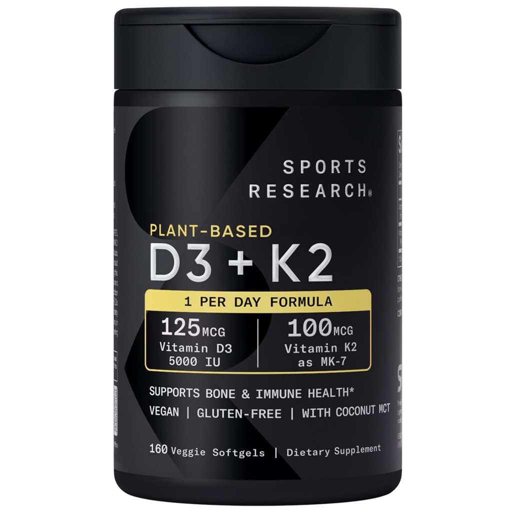 Badania sportowe Witamina D3 K2 z 5000iu Plant- Based D3 & 100mcg Witaminy K2 jako MK- 7, Non-GMO Zweryfikowane i Wegan Certified - 160 Płynne Softgels