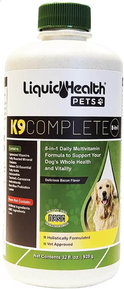 Zwierzęta Liquidhealth K9 Kompletne 8- in-1 Płynna Multivitamina dla dorosłych starszych psów i szczeniąt, Wszystkie w jednym Kompletny Formuła Psy Witaminy dla skóry i płaszcza, Wspólne zdrowie, Wsparcie immunologiczne - USA Made (32 oz)