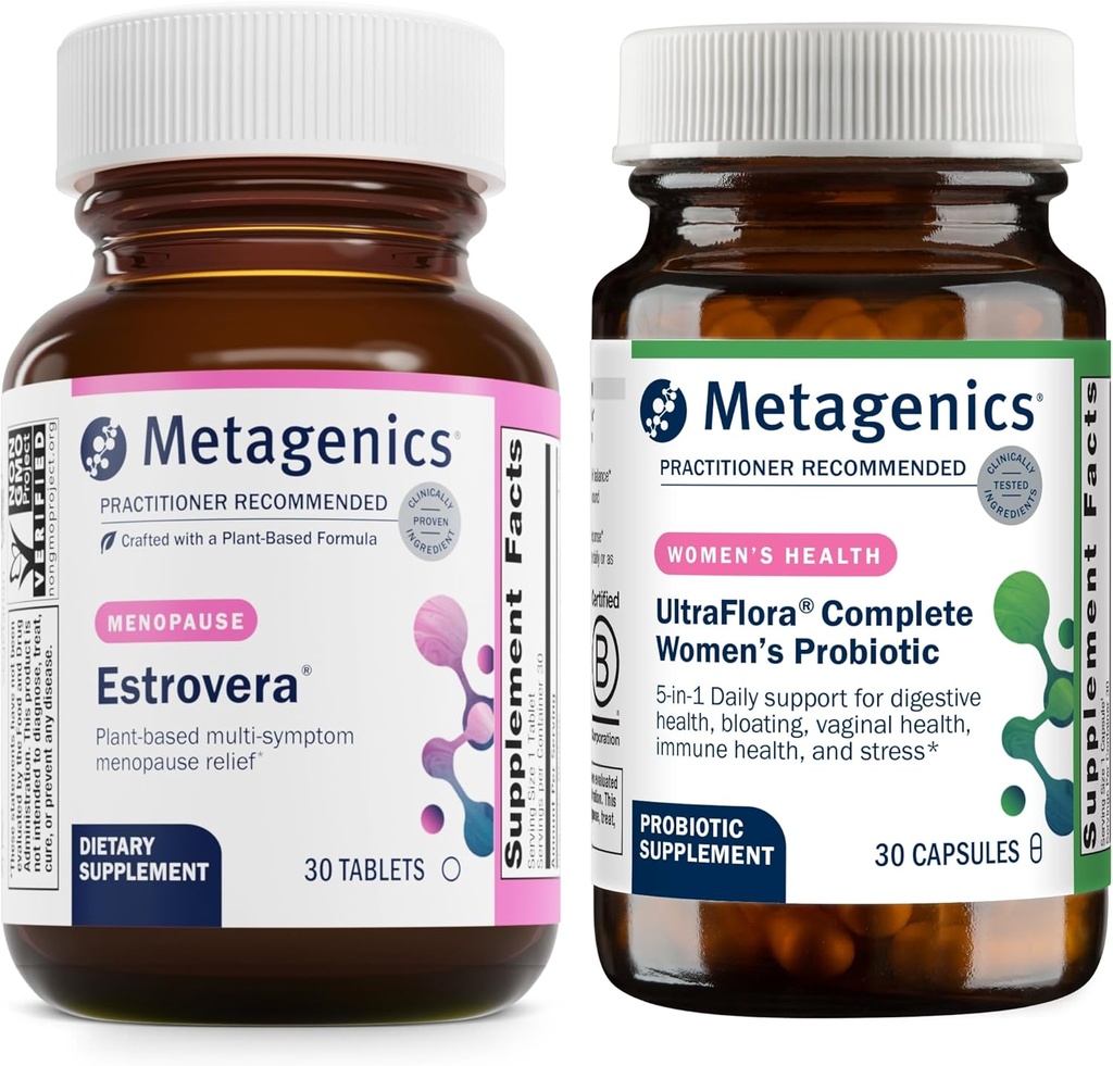 Metagenics HerWellness Estrovera (30 tabletek) & UltraFlora Kompletny Probiotyk Kobiet (30 kapsułek) - Bezhormonalne wsparcie menopauzy - Aids Digestive Health