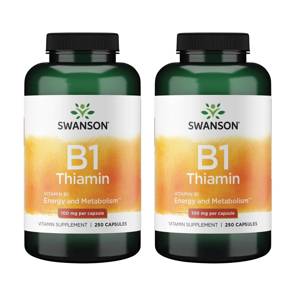 Witamina Swanson B1 (Tiamina) - Promuje zdrowy metabolizm i zapewnia wsparcie energetyczne - Naturalny suplement witaminy wspierający optymalne funkcje komórek Nerve - (250 kapsułek, 100 mg każdy) (2 opakowania)