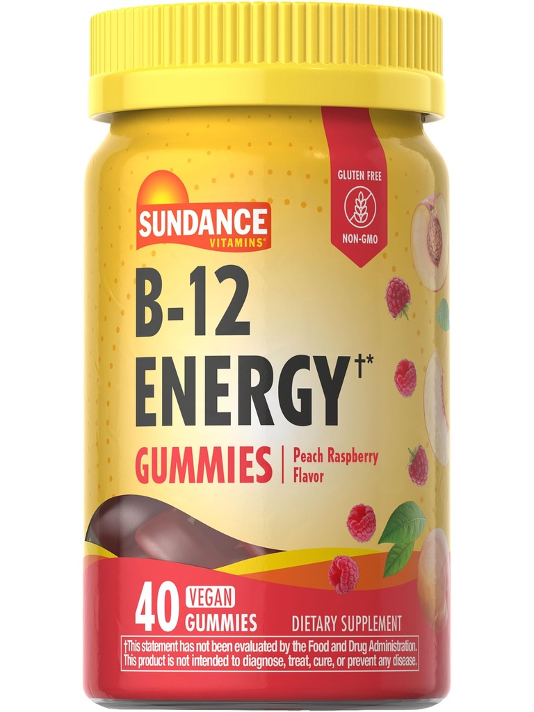 Sundance Witamina B- 12 Gummie energii 124; 40 Hrabia 124; Peach Malina Flavor 124; Wegan, Non-GMO, i gluten suplement wolny