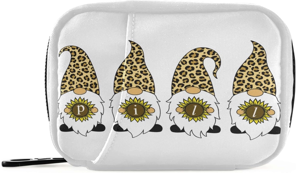 Leopard Gnomes Sunflower Pill Box 7 dzień Pill Case Travel Pill Organizer Bag z Zipper przenośny tygodniowy Case Compact Rozmiar dla posiadacza suplementu witaminy
