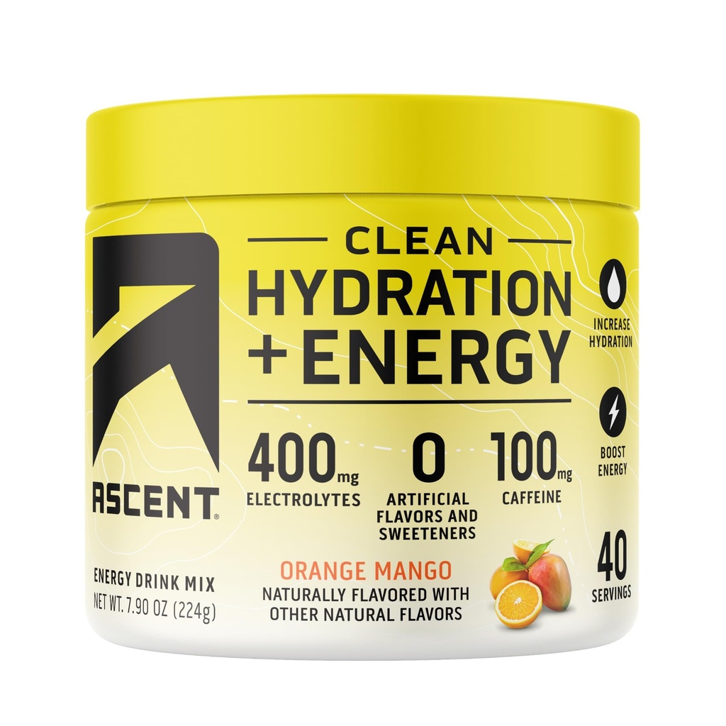 Aspect Czyste Nawodnienie + Energia Elektrolity Proszek - 100mg Kofeina, 400mg Elektrolity, Brak sztucznych składników, Pomarańczowy Mango 40 Służenia