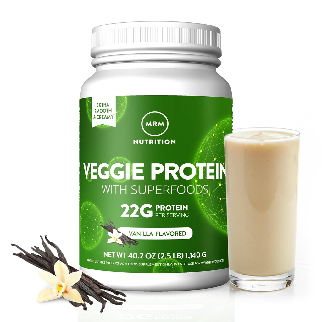 MRM Nutrition Veggie Protein with Superfoods Equipment 124; Vanilla Flavored Equipment 124; 22g Complete Protein Equity 124; Over 8.8g Essential Amino Acis Equipment 124; 13 Superfoods Equipment 124; with Omega 3 and Omega6s Equipment 124; Keto Friendly Equipment 124; 33 Servings