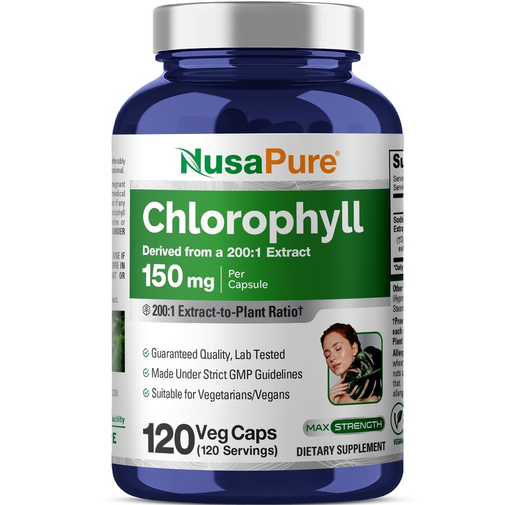 NusaPure Chlorophyll 200: 1 Extract, 150 mg ekwiwalent 30 000 mg na kapsułkę 120 Czapki wegetariańskie (Non-GMO, Vegan)