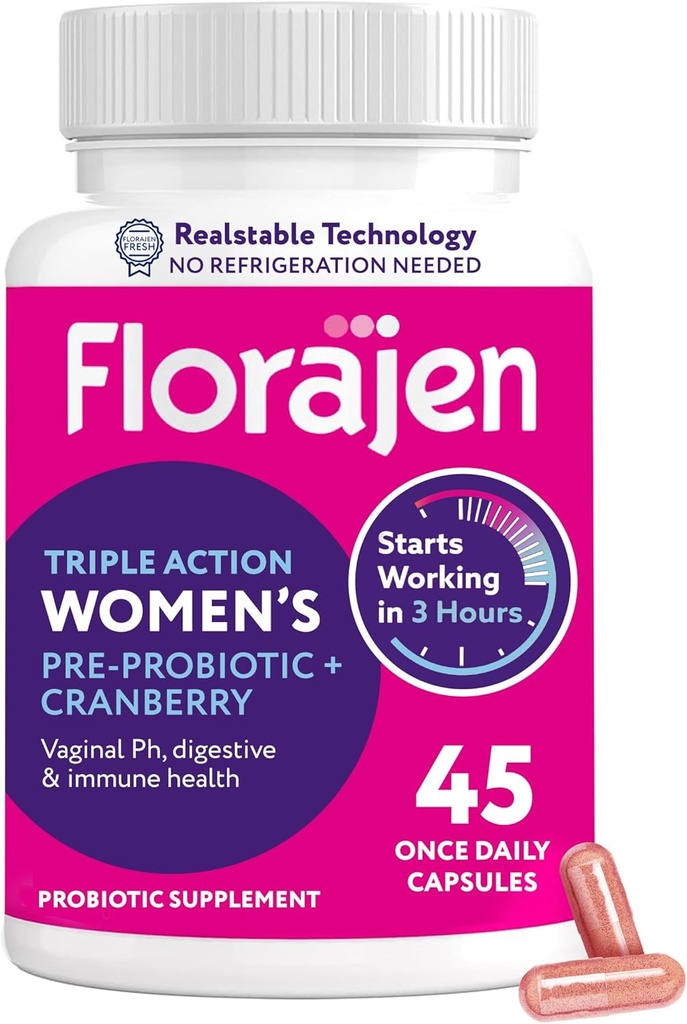 Florajen Kobiece Probiotyczne, Prebiotyczne, & Suplement żurawinowy dla zdrowia pochwy, Wsparcie immunologiczne, & Digestive Wellness - 30- Count