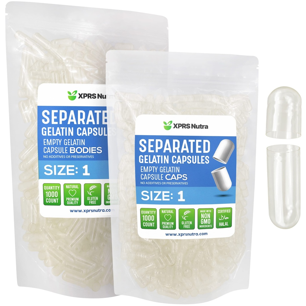XPRS Nutra Rozmiar 1 Żelatyna Separated kapsułki - 1000 Hrabia Puste tabletki Kapsułki Separacja w workach - Wyczyść Puste tabletki dla DIY Do- It- Yourself Supplement Wypełnianie