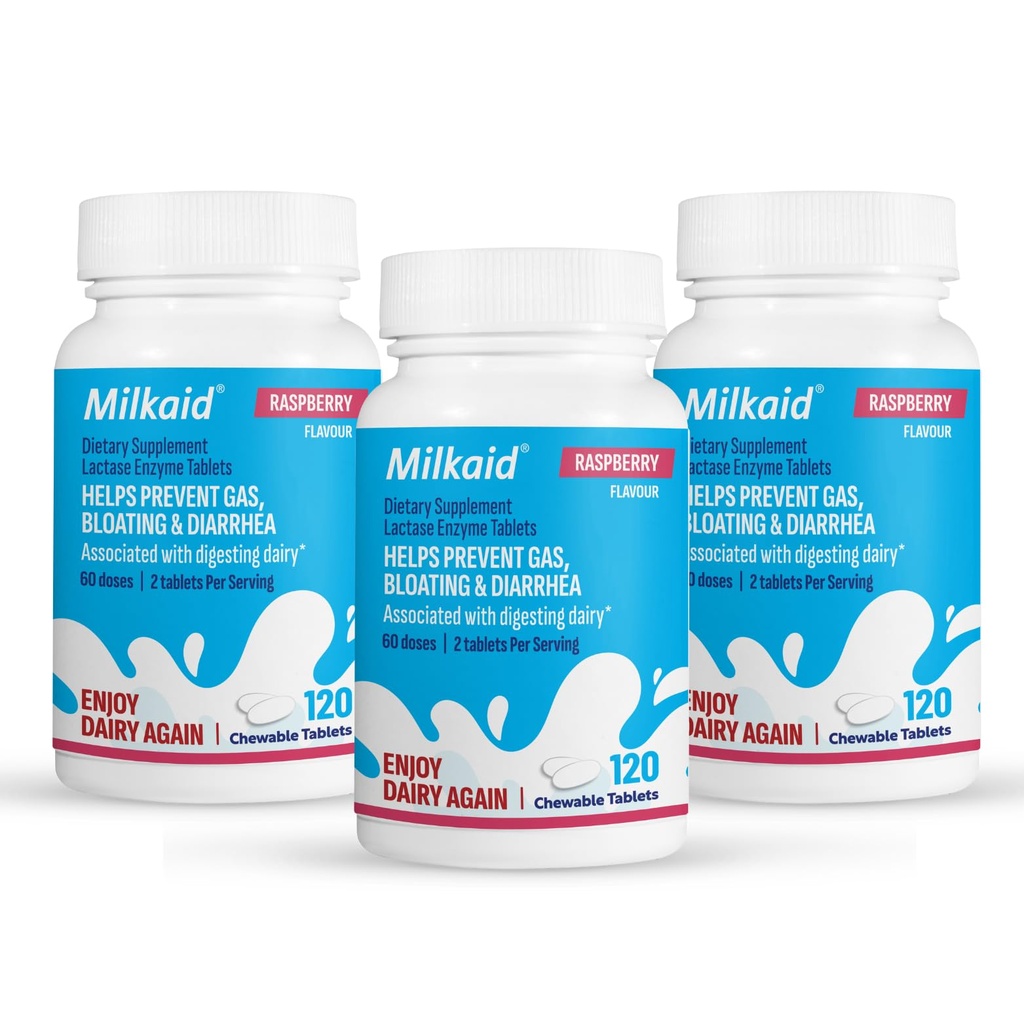 Milkaid Lactase Enzyme Chewable Tablets for Lactose Intolerantion Relief Relief 124; Zapobiega gazowi, Bloating & Biegunka 124; Szybko działający suplement diety mlecznej (360 Tabletki, Malina)