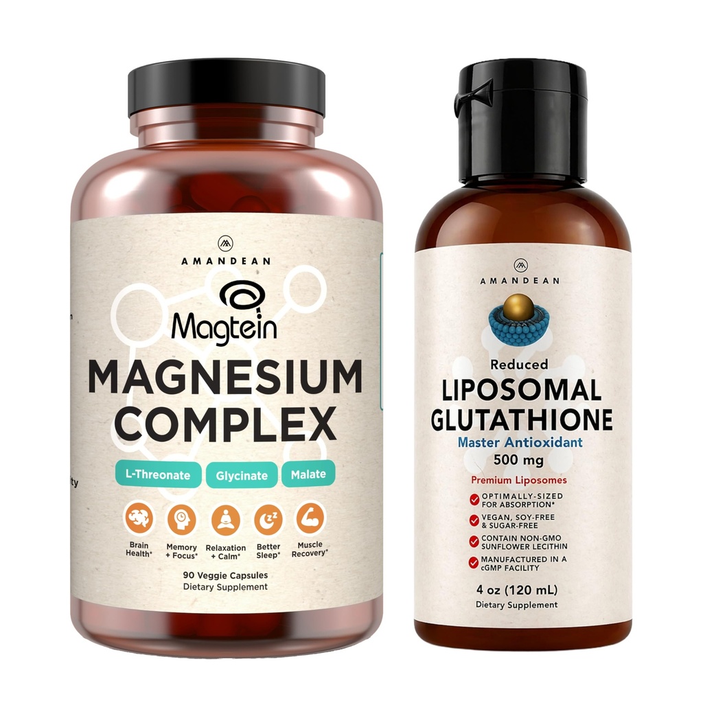 AMANDEAN Premium Liposomal Glutathione & Magnezu Complex Bundle. Przeciwutleniacz. Liquid Setria. Wysokoabsorpcyjny trójonian magnezu, glicynian i jabłczan. Zdrowie mózgu i wątroby. Pamięć, ostrość i sen