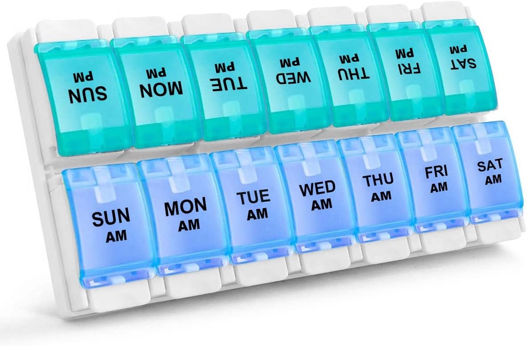 Sukuos AM PM Weekly 7 dzień Pill Organizator, 2 razy dziennie Pill Box z artretyzmu Przyjazny przyciskiem Push, Lekarskie skrzynie na witaminy / olej rybny / Suplementy, Łatwy do czyszczenia (Cyan & Blue)