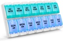 Sukuos AM PM Weekly 7 dzień Pill Organizator, 2 razy dziennie Pill Box z artretyzmu Przyjazny przyciskiem Push, Lekarskie skrzynie na witaminy / olej rybny / Suplementy, Łatwy do czyszczenia (Cyan & Blue)