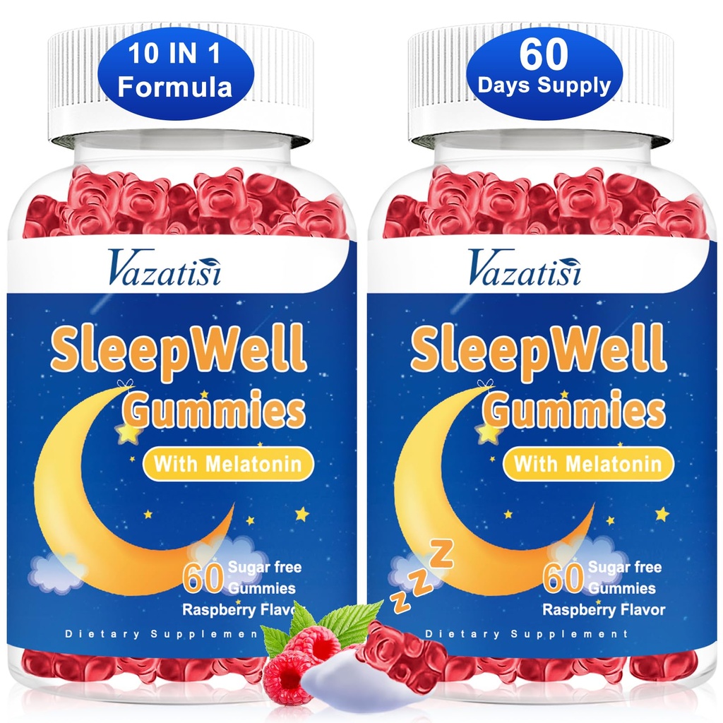 Gumki senne dla dorosłych i dzieci - bez cukru Gummie melatoniczne z magnezu, L- Theanine, Witamina B12, Wegan - Malina aromatyczna, 120 Cts