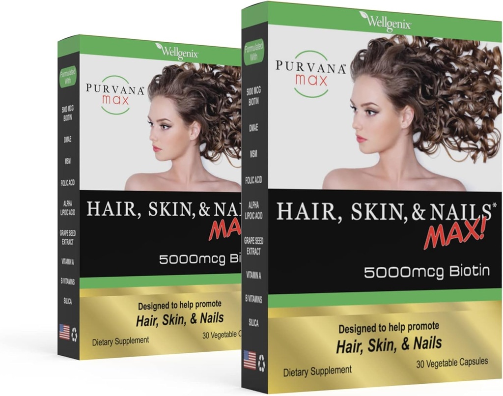 Purvana Max Włosy, Skóra i Nails Witamina - 5000mcg Biotin, Kwas foliowy, DMAE, Wyciąg z nasion winorośli - Jeden dzień Wegan Włosy, Skóra, Nails Support - Promotes Collagen Production - 30 Czapki (Opakowanie 2)
