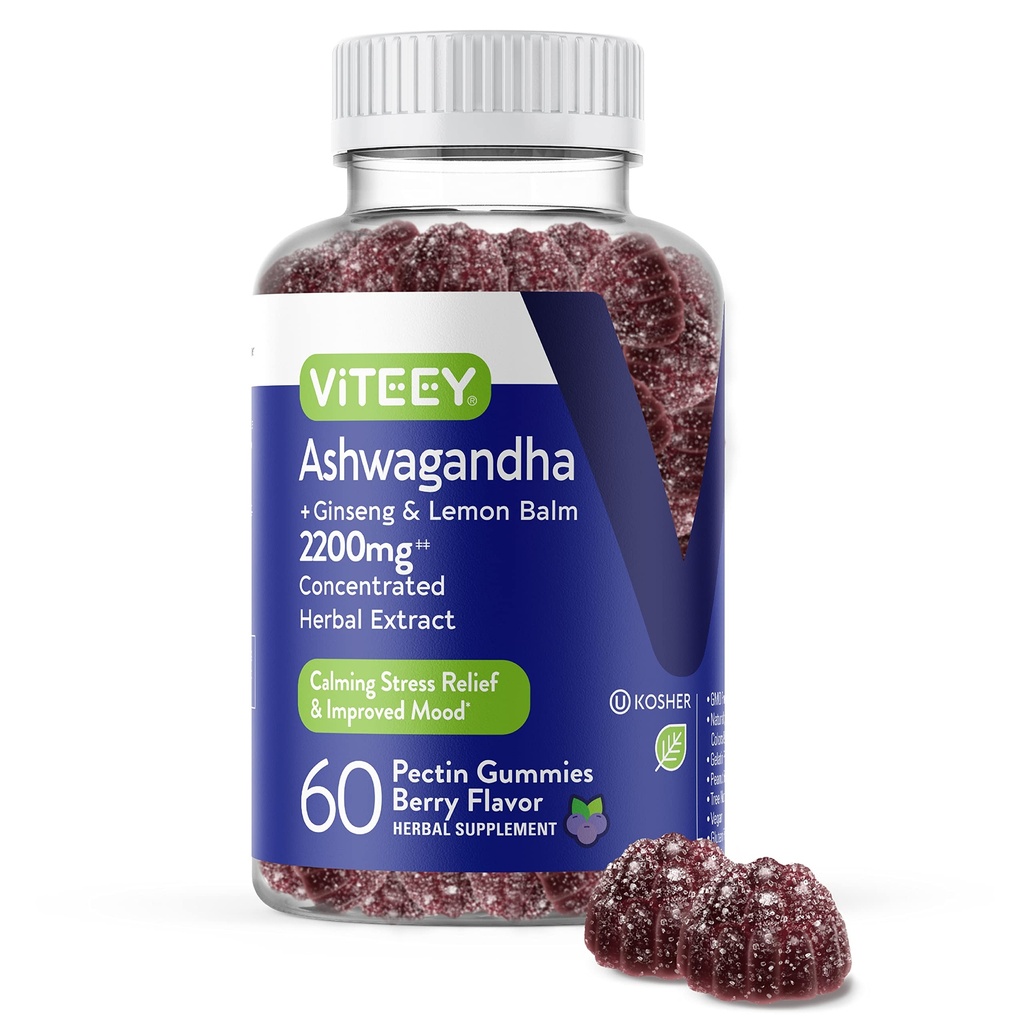 Viteey Ashwagandha Gummies z Ginseng & Lemon Balm - Nastrojowe, spokojne i stresowe Wsparcie Ashwagandha Suplementy - Wegan, Gluten- Free - 60 Count