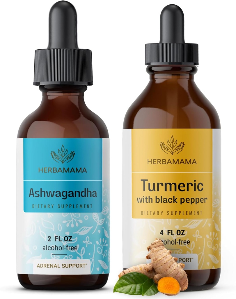 Zestaw ziołowych kropli ziołowych HERBAMAMA - Bundle of Ashwagandha Root Extract & Turmeric with Black Pepper Tincture 2 fl oz - Vegan, Non-GMO, Sugar & Alcohol- Free - 2 Pack