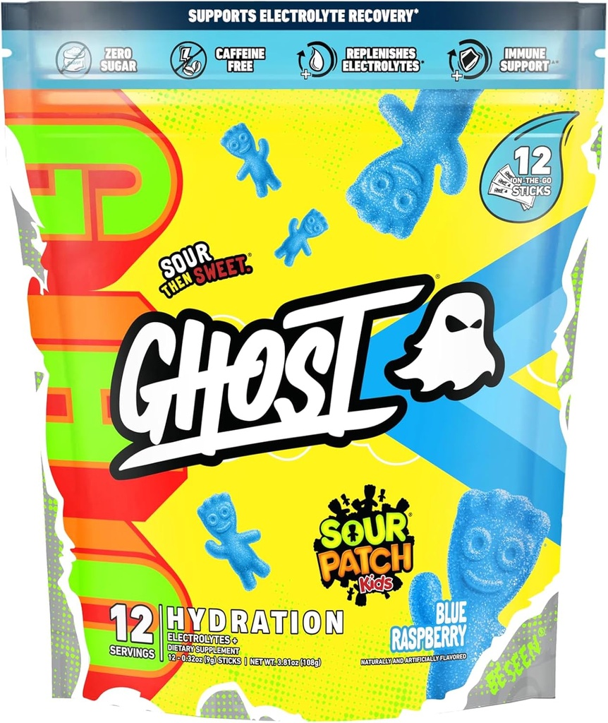 GHOST Pakiety nawadniające, Sour Patch Kids Blue Malina, 12 Sticks, Proszek elektrolity - suplement mieszanki napojów z magnezu, Potas, Wapń, Witamina C - Wegan, Wolny od Soi, Cukier i Gluten