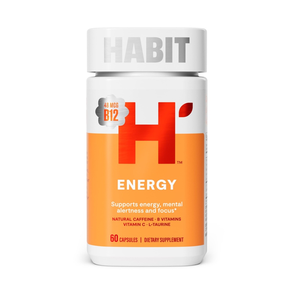 Habit Energy Supplement (60 Kapsułek) - Nowy wygląd, Wspiera energię, Alertywność i Focus, Naturalna kofeina, Witaminy B & C, Green Tea Extract, Wegan, Non-GMO (1 Pack)