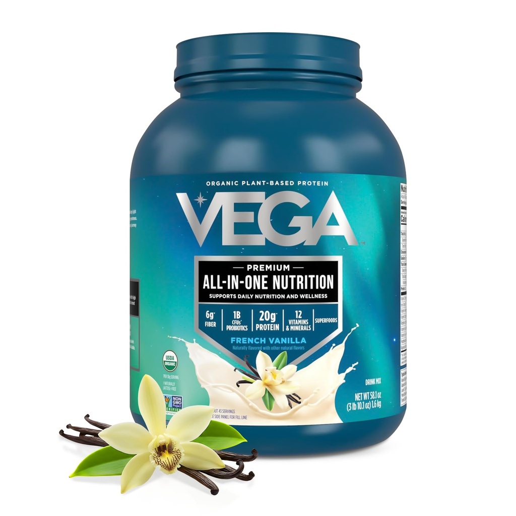 Vega All in One Nutrition Organic - 20g Białko grochu bazujące na plancie, francuski Vanilla, 43 Sługi, Witaminy A & C, Probiotyki, Zielone, Wegan, Keto, Gluten Free, 3.63lbs (Packaging May Vary)